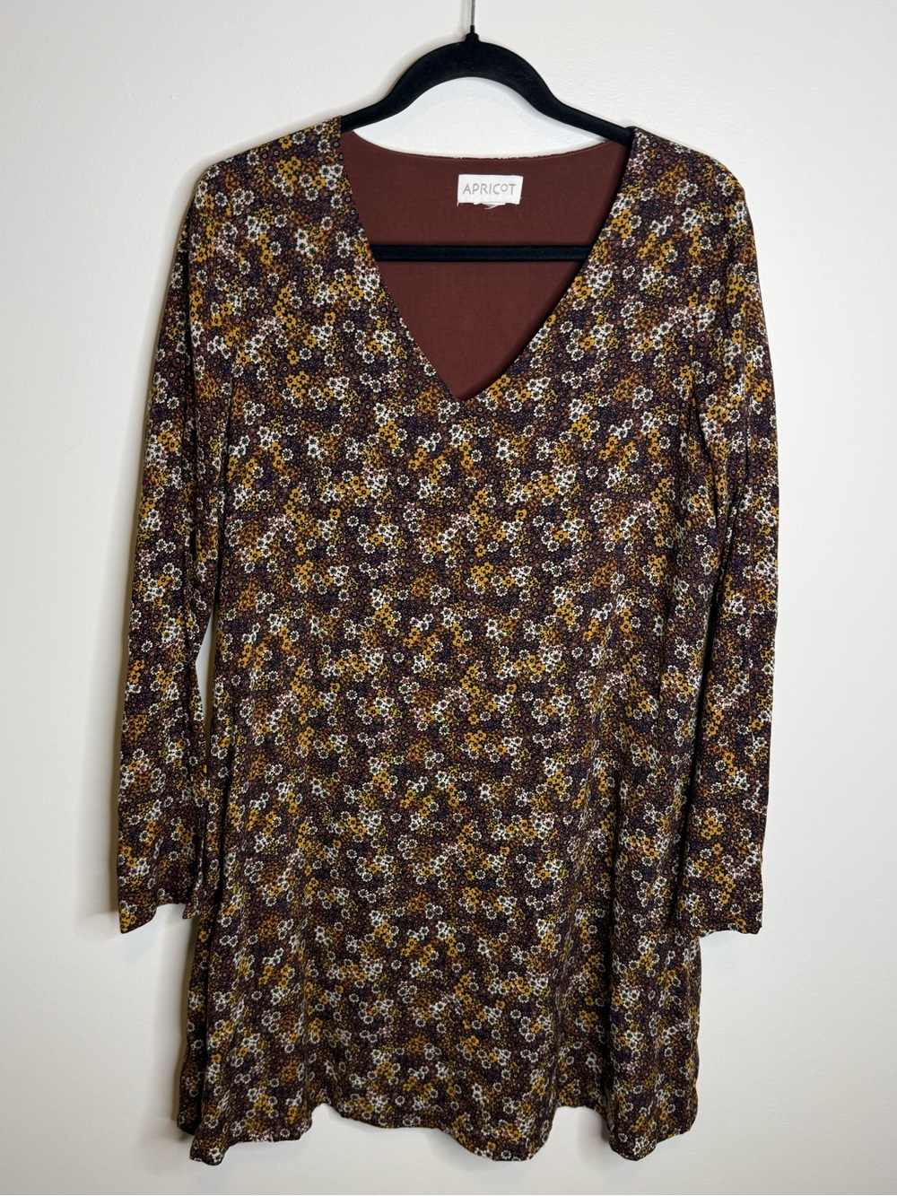 Apricot brown yellow Green floral long sleeve  Dress size medium